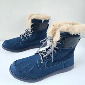 UGG NEW Kids Baxter Lace Up Ankle Blue Indigo Leather Boots Shearling Size us 2